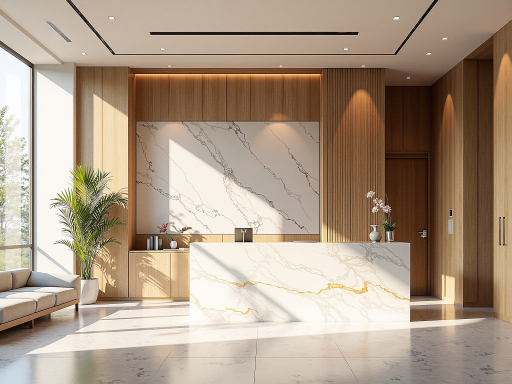 现代化教育机构接待区域，宽敞明亮的空间，接待台整洁有序，体现专业服务形象